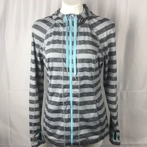 Lukka Gray striped teal hoodie with finger slits.